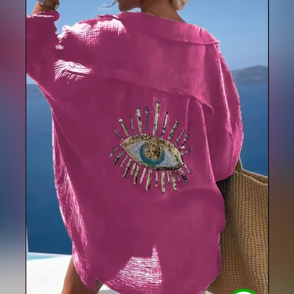 Embroidered Evil Eye Swim Cover-Up Or Button Up Shirt NWOT - Picture 1 of 2